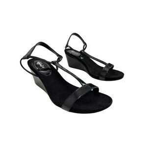 Style & Co Mulan Black Patent Wedge Slip On Strappy Sandal Shoes Sz 9.5